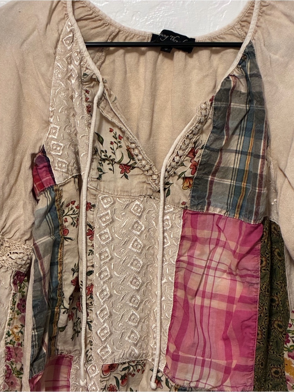 Young Threads Patchwork Bohemian Blouse Floral Plaid Crotchet Detail Small - Picture 3 of 10